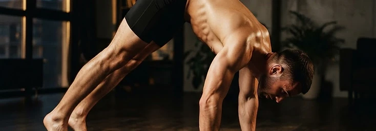 Athletic man performing a pike push-up with hips raised high in a dark apartment