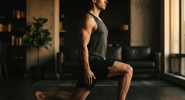 Man performing a reverse lunge with an upright torso in a dark apartment