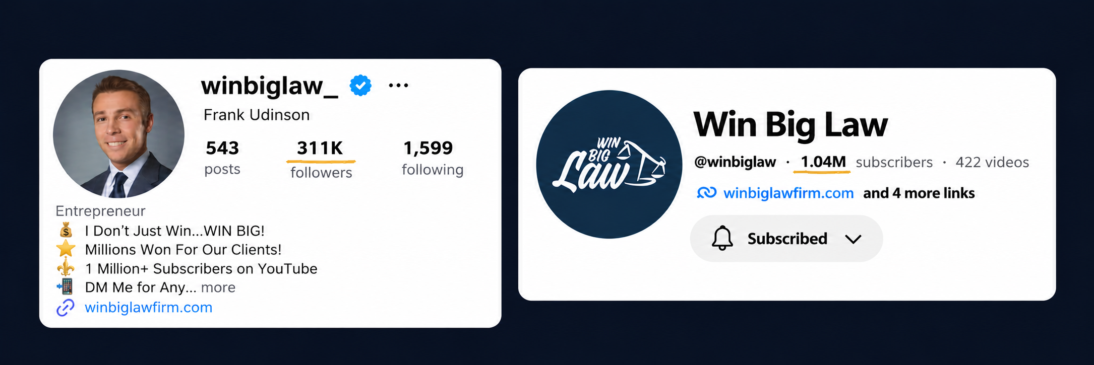 Frank Udinson's Instagram profile with 311K followers and Win Big Law YouTube channel with 1.04M subscribers