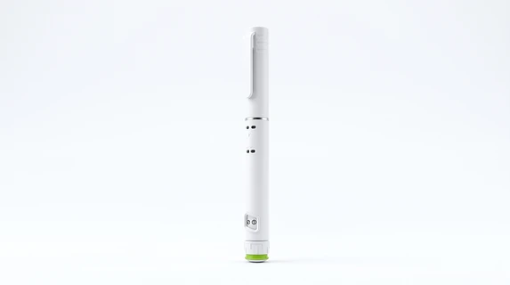 White peptide pen with a silver clip and green dial, standing upright