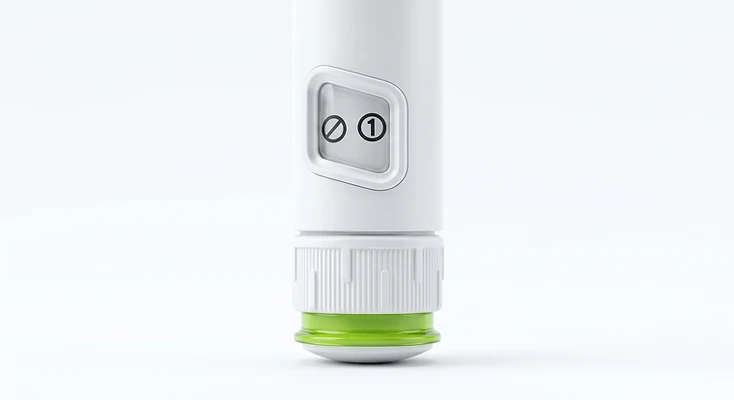 Close-up of the white pen's dose indicator, textured adjustment ring, and green dial