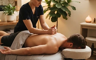 A massage therapist treating a patient lying face down on a treatment table