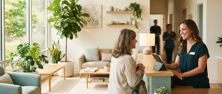 The warm, modern reception area of our Seattle injury recovery clinic