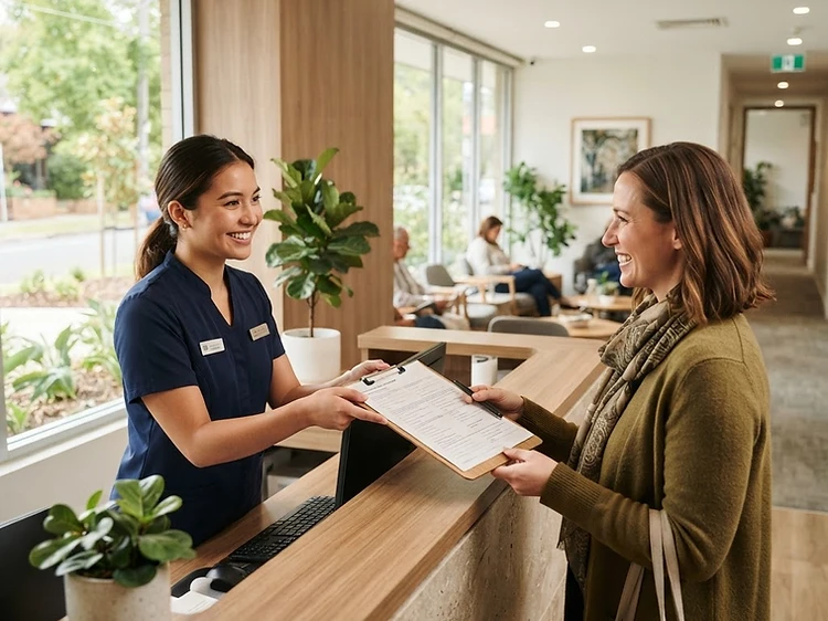 A friendly receptionist welcoming a patient at clinic check-in