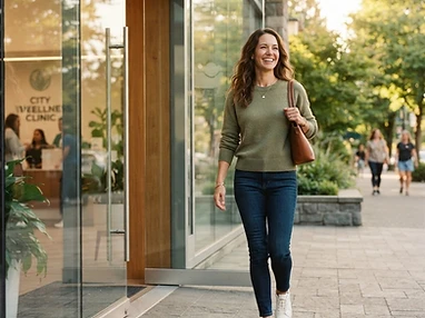 A patient leaving the clinic with a confident, healthy stride