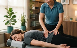 A chiropractor performing a gentle lower back adjustment on a relaxed patient