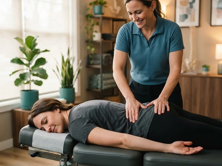 A chiropractor performing a gentle lower back adjustment on a relaxed patient