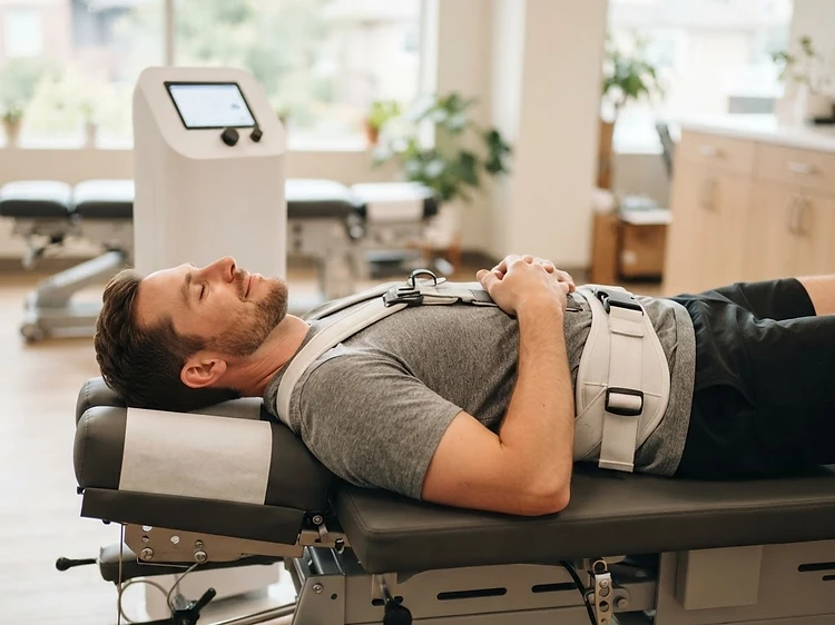 A relaxed patient receiving lumbar spinal decompression therapy on a computerized decompression table