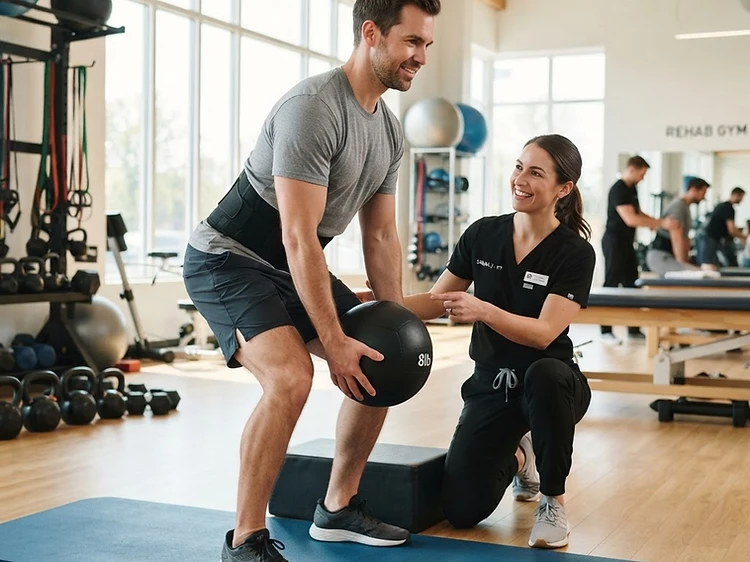 A rehab specialist coaching a patient on safe lifting technique during work injury recovery