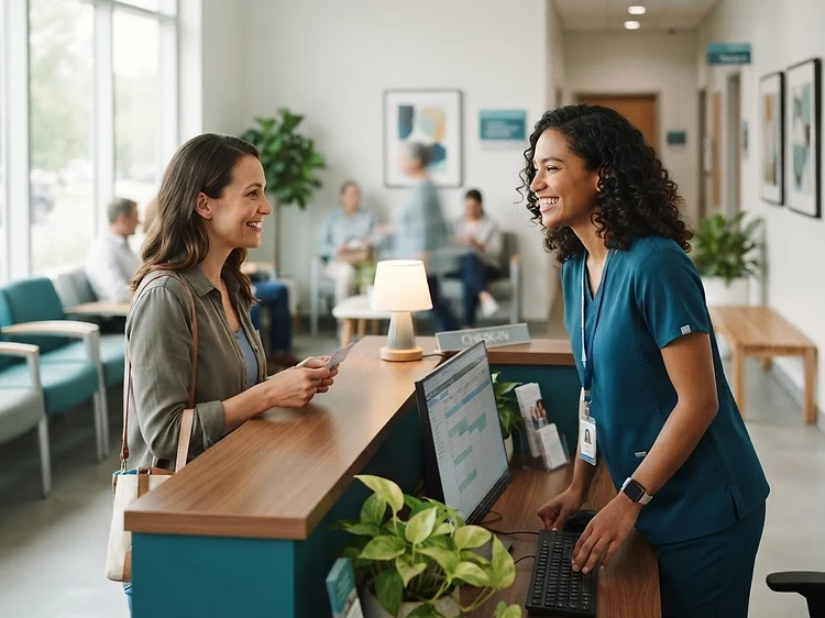 A friendly staff member smiling while answering questions at the front desk