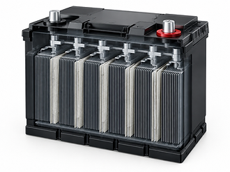Illustrative cutaway of six lead-acid plate compartments, not model-specific