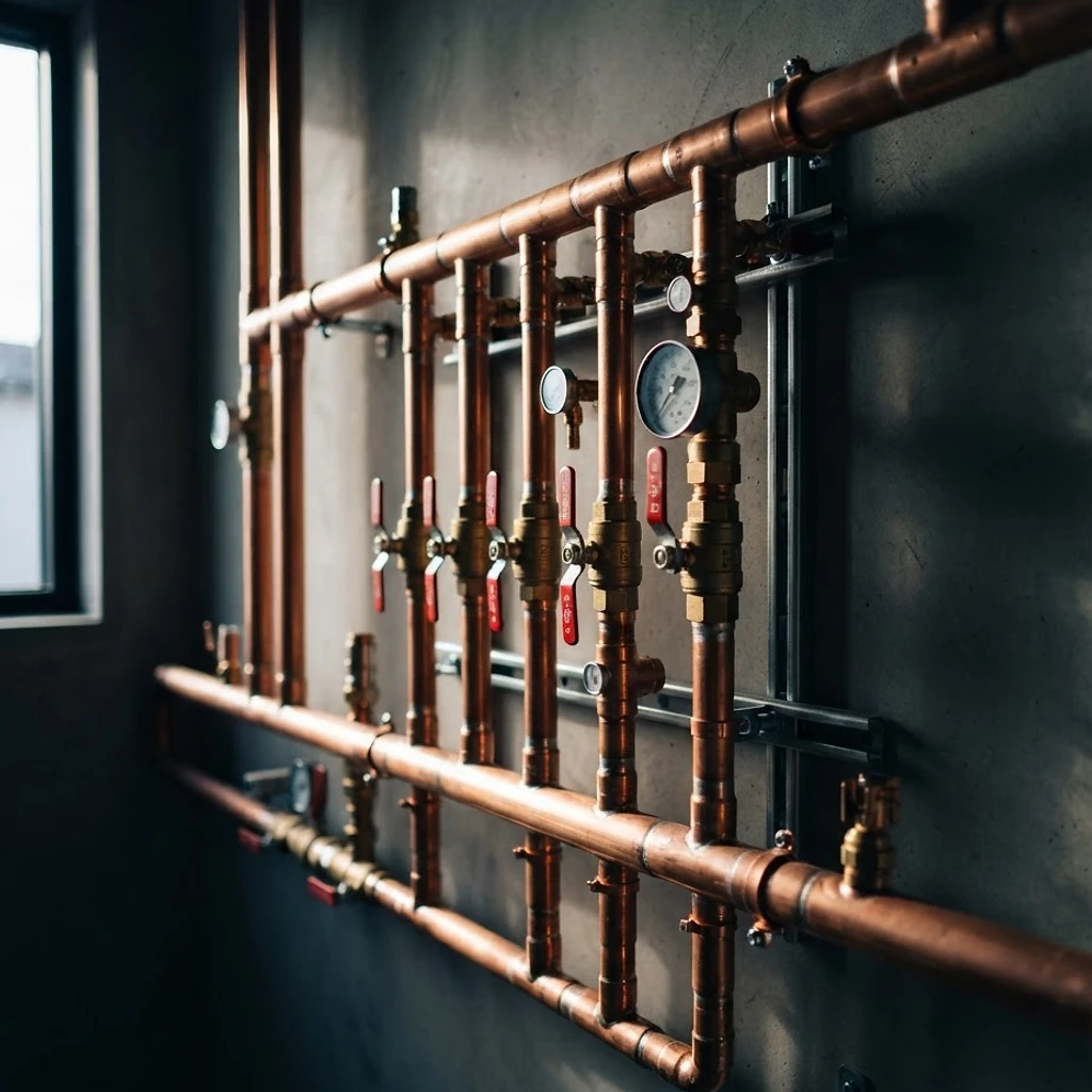 Copper plumbing manifold on a concrete wall