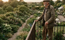 A gardener looking over a mature garden in evening light