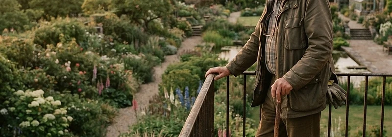 A gardener looking over a mature garden in evening light