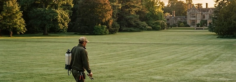 A grounds operative mowing a large estate lawn