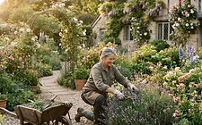 A gardener maintaining a tidy residential front garden