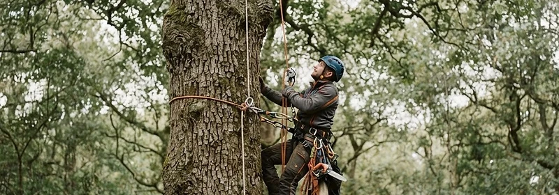 A climbing arborist ascending a mature oak with ropes
