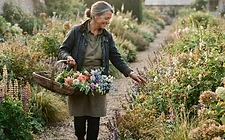 An experienced head gardener with a clipboard in a herbaceous border