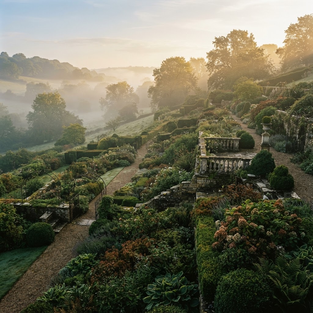 A formal garden sweeping up to a country house
