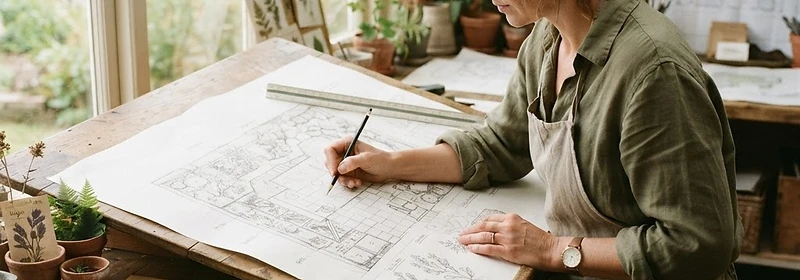 A garden designer sketching a planting plan