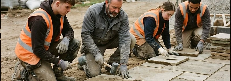 A senior landscaper directing a mini-digger on a build site