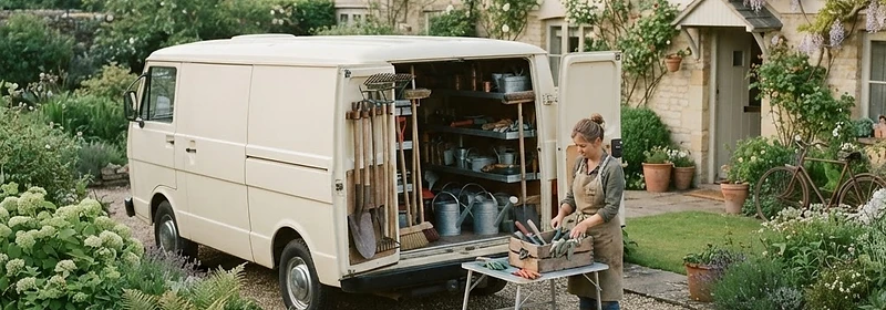 A gardener's van and tools parked on a residential job