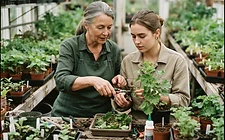 An apprentice learning to prick out seedlings in a polytunnel