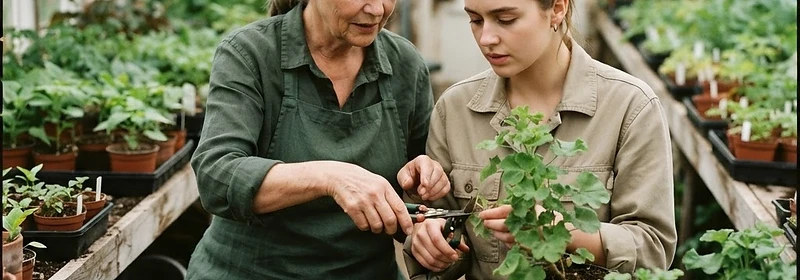An apprentice learning to prick out seedlings in a polytunnel
