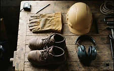 A pair of protective gloves and safety boots ready for work