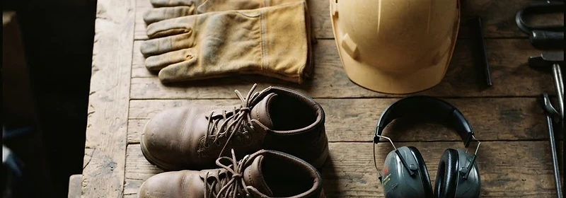 A pair of protective gloves and safety boots ready for work