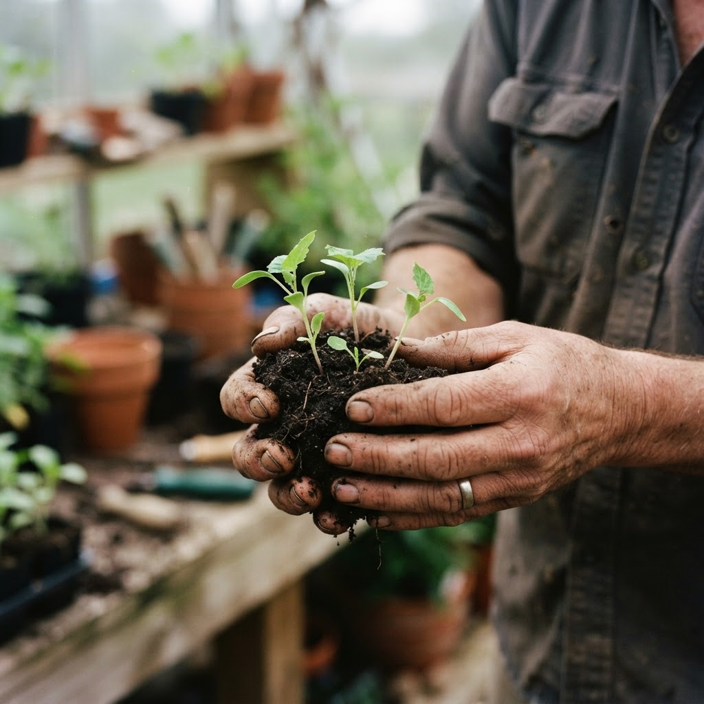 Rows of seedlings growing in a greenhouse nursery