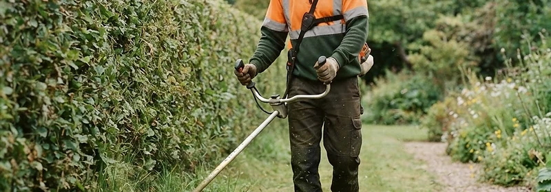 A gardener wearing safety gear while operating equipment