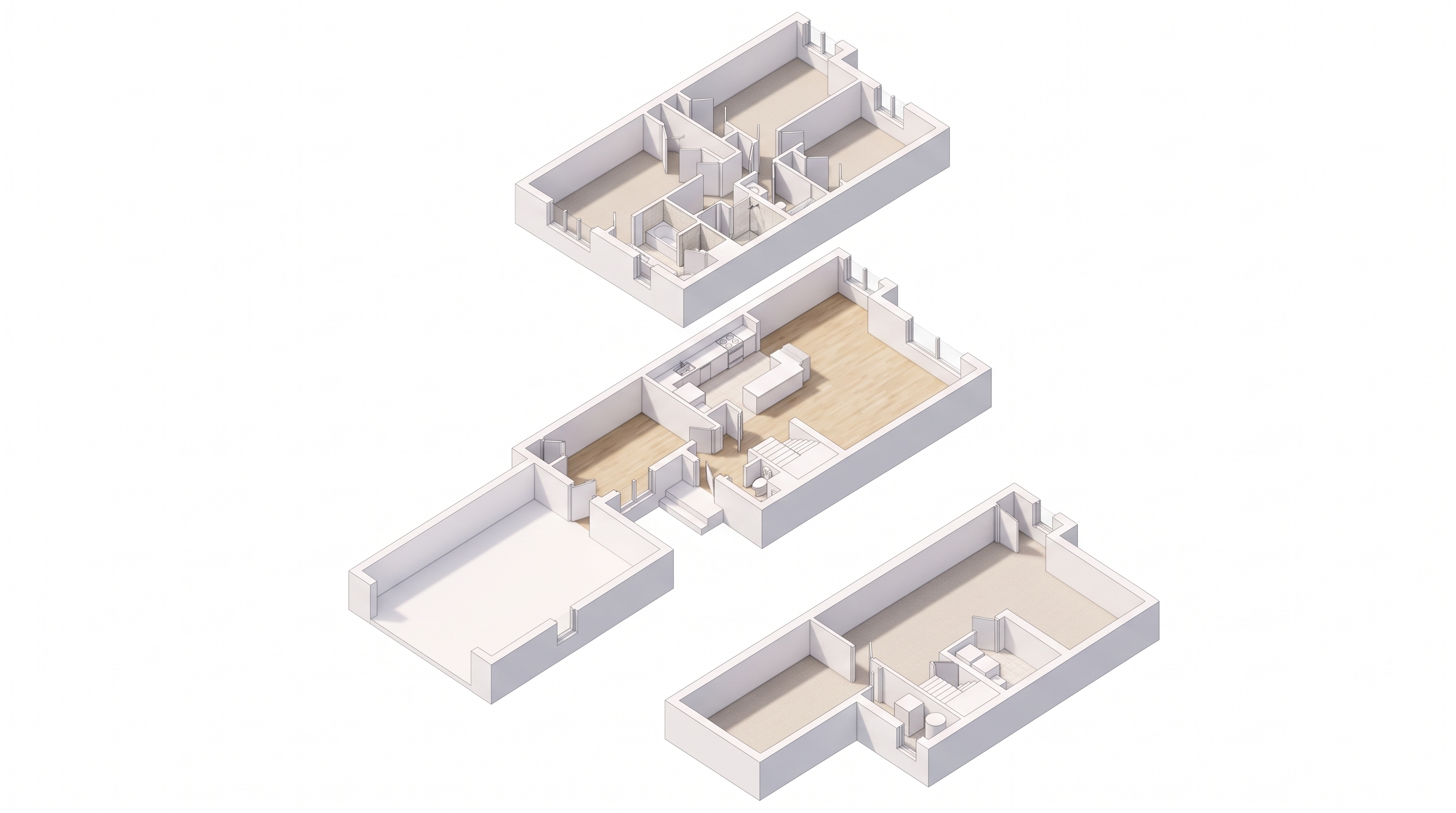 Exploded view of the home's three levels