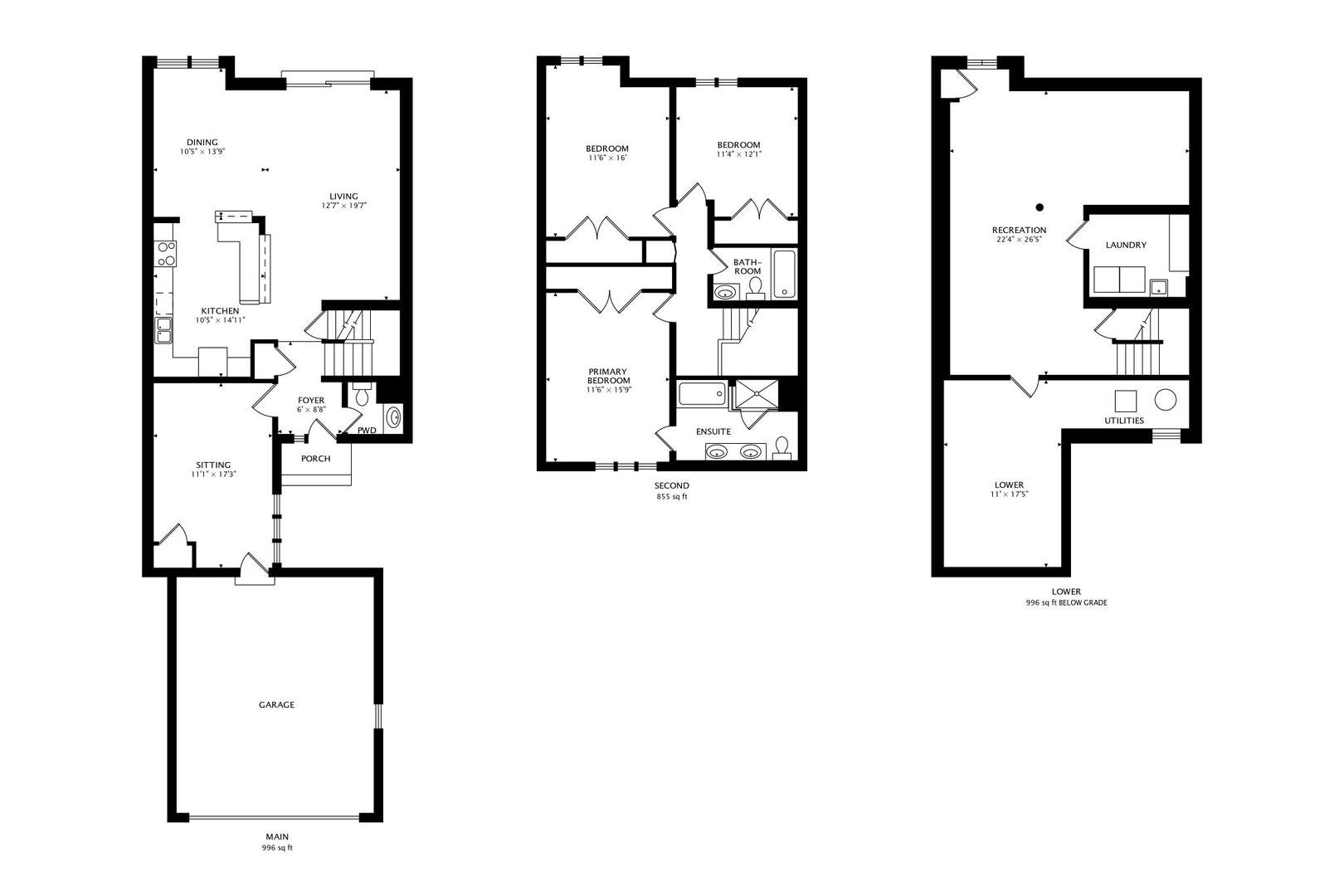 Floor plans of 520 Hummingbird Lane: main floor, second floor and finished lower level
