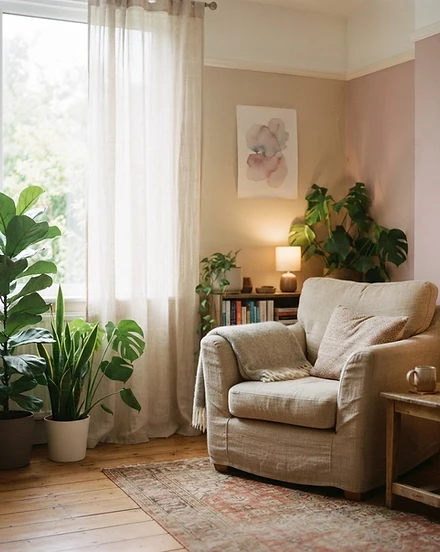 A calm therapy room with an armchair and plants in soft daylight