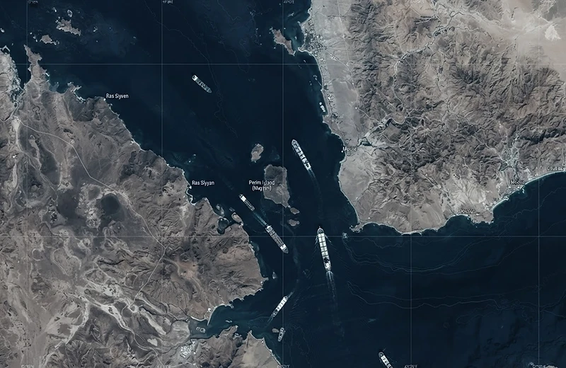 Satellite view of the Bab el-Mandeb strait