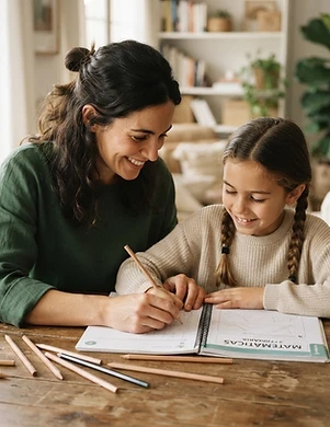 Adulto y niño trabajando juntos en una tarea escolar