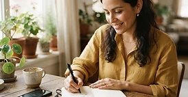 Madre escribiendo una nota en la mesa de la cocina