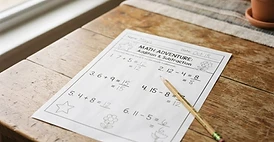 Hoja de tarea completada con un lápiz sobre una mesa de madera