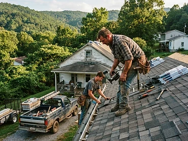 Local crew working on a roof in West Virginia