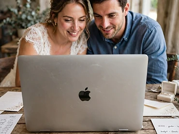 Couple reading local service options on a laptop