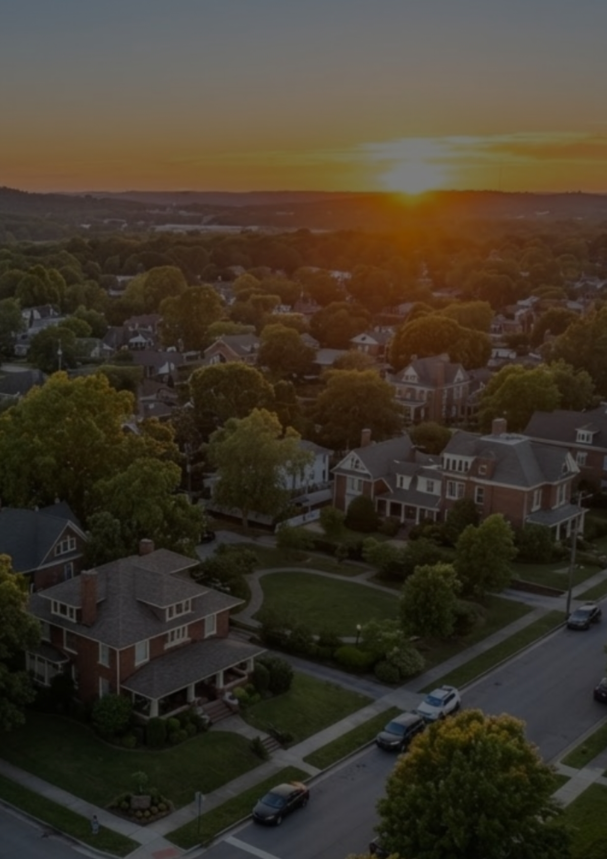 Aerial sunset view of a West Tennessee neighborhood
