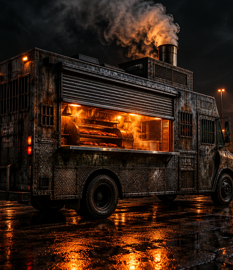 Break Out BBQ food truck at night, smoke rising from the exhaust stack under amber light