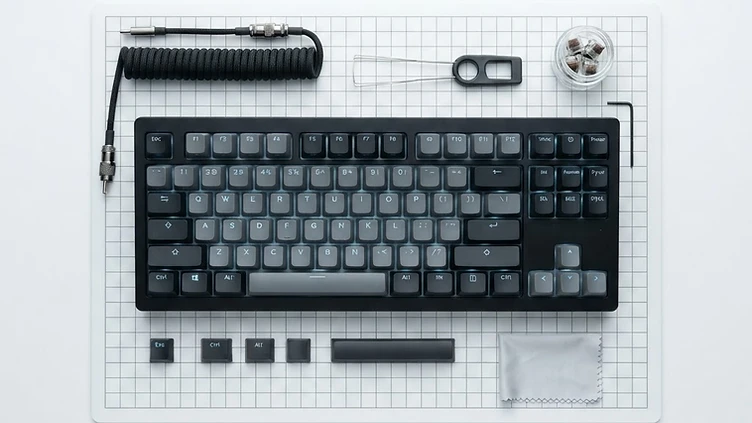Close-up macro photograph of a gaming keyboard in a sterile white environment, illustrating Borealis's buying guide for gaming keyboards under $100 in Canada