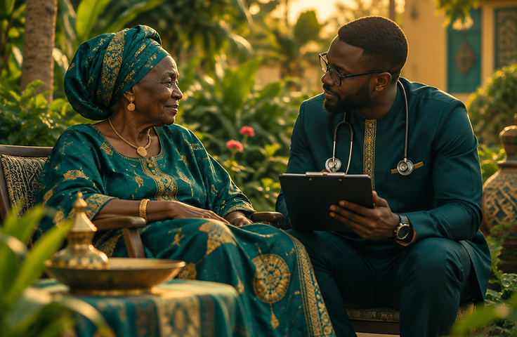 An Aïdara Health professional visiting an elderly parent in a Senegalese garden