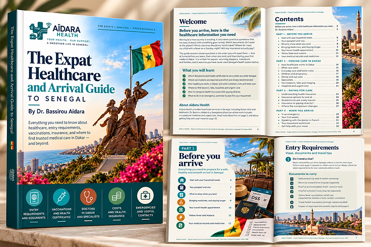 Interior spreads from the Expat Healthcare and Arrival Guide to Senegal, showing the welcome and contents pages