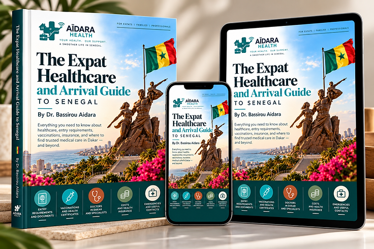 The Expat Healthcare and Arrival Guide to Senegal by Dr. Bassirou Aïdara, shown on book, tablet and phone