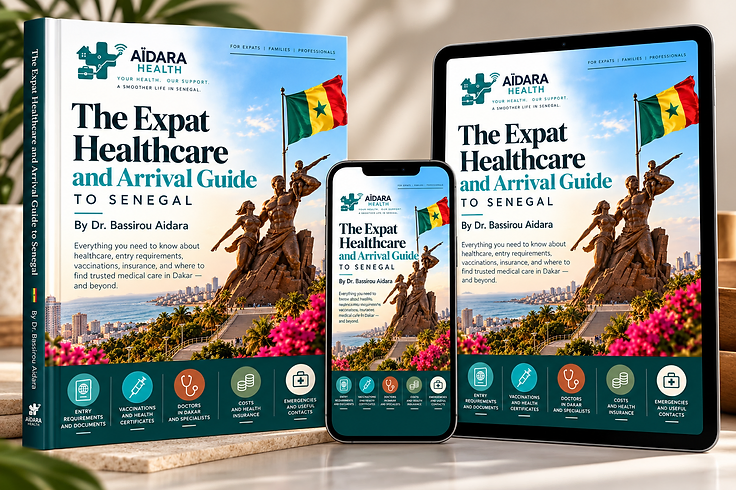 The Expat Healthcare and Arrival Guide to Senegal, by Dr. Bassirou Aïdara, shown on book, tablet and phone