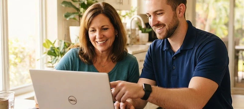 Friendly on-site IT technician helping a customer with their laptop in a Southwest Florida home