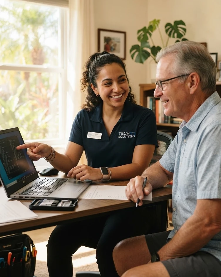 Friendly technician helping a customer with a laptop repair in a Southwest Florida home